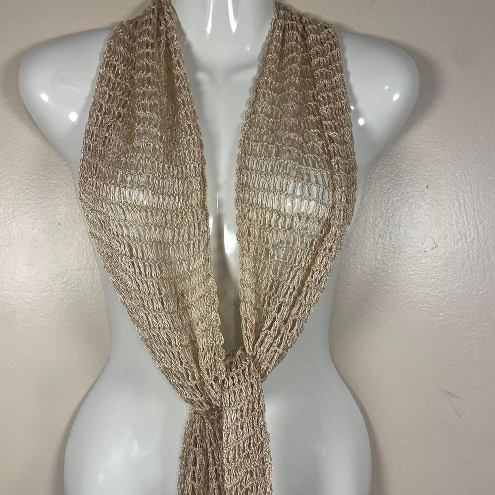 Women's Tan and Cream Scarf-wraps scarf featuring an airy, fishnet style